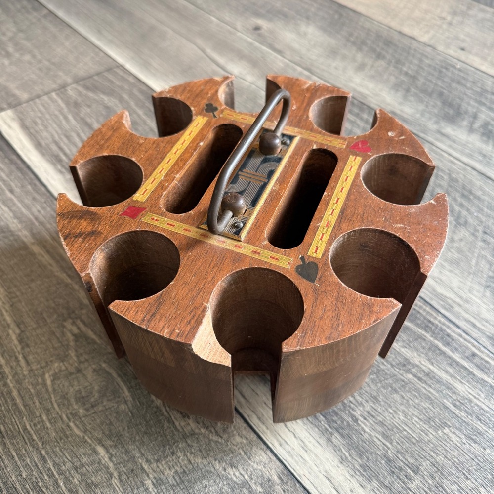 Vintage Wooden Poker Chip Carousel Rotating Caddy Metal Handle Art Deco 8 inch